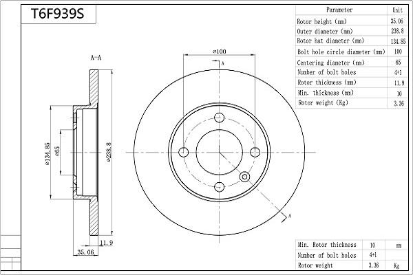 AISIN T6F939S - Brake Disc car-mod.net