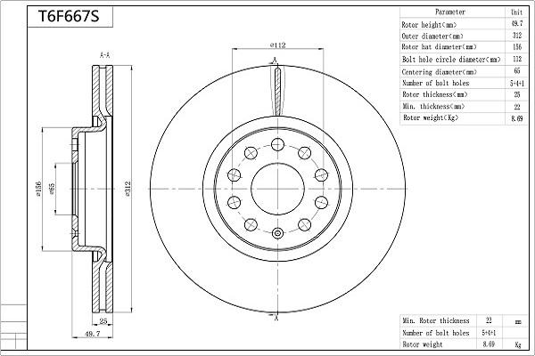 AISIN T6F667S - Brake Disc car-mod.net