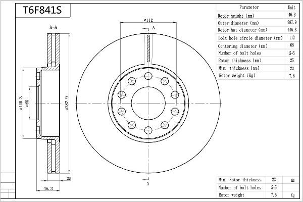 AISIN T6F841S - Brake Disc car-mod.net