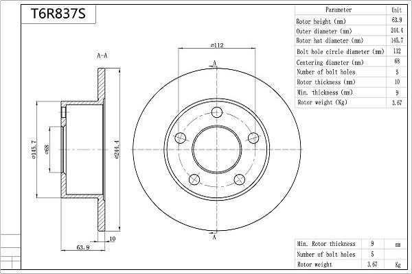 AISIN T6R837S - Brake Disc car-mod.net