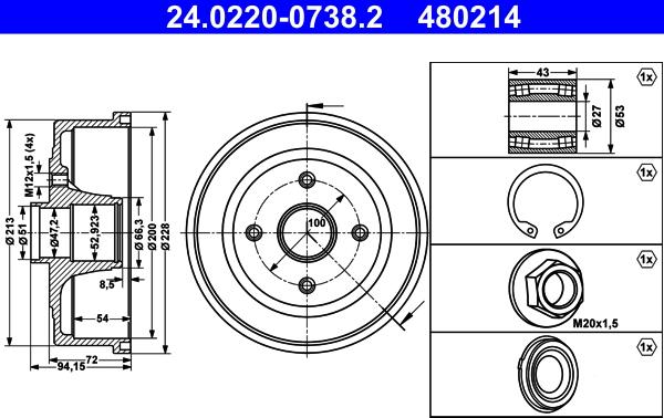 ATE 24.0220-0738.2 - Brake Drum car-mod.net