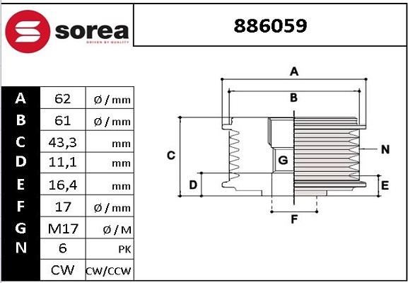 EAI 886059 - Pulley, alternator, freewheel clutch car-mod.net