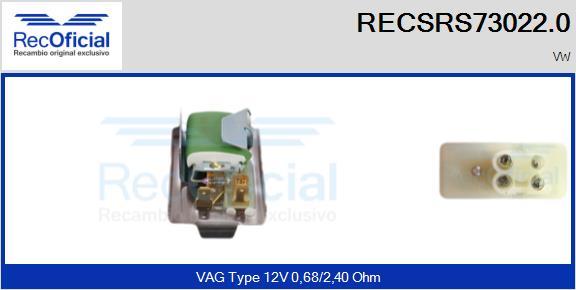 RECOFICIAL RECSRS73022.0 - Resistor, interior blower car-mod.net