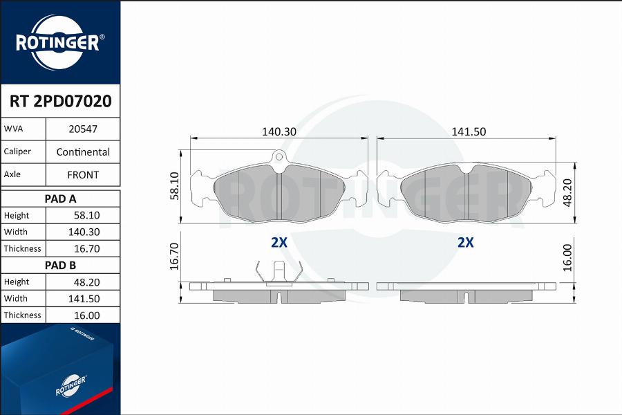 Rotinger RT 2PD07020 - Brake Pad Set, disc brake car-mod.net