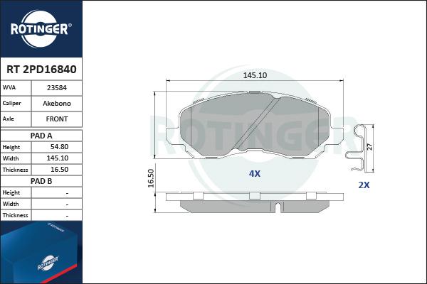 Rotinger RT 2PD16840 - Brake Pad Set, disc brake car-mod.net